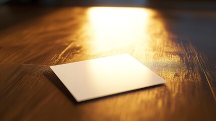Blank white card on a wooden surface with warm light.
