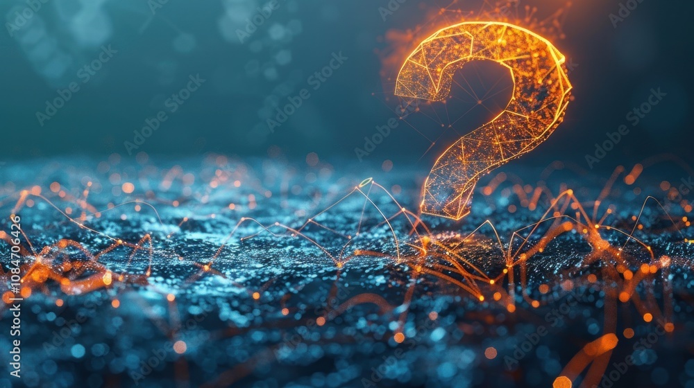Poster a glowing question mark made of connected lines is seen in the center of a field of swirling, glowin