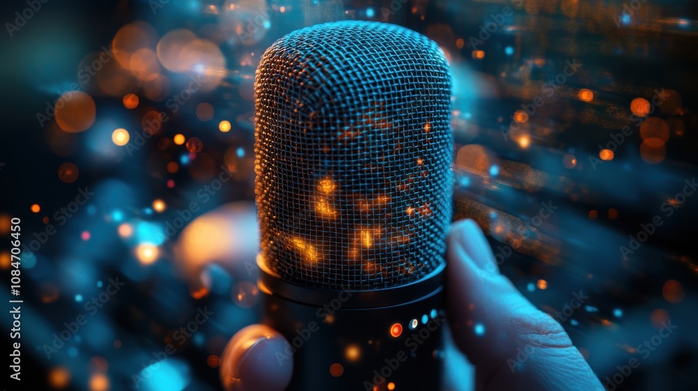 Poster voice recording man touching microphone icon on smartphone mobile application record sound audio mus