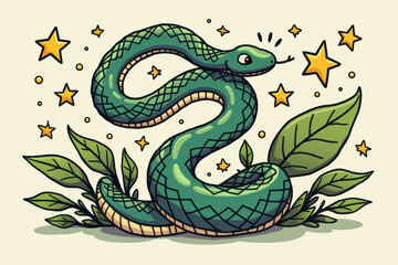Obraz premium Whimsical cartoon snake with stars and leaves - children's illustration design