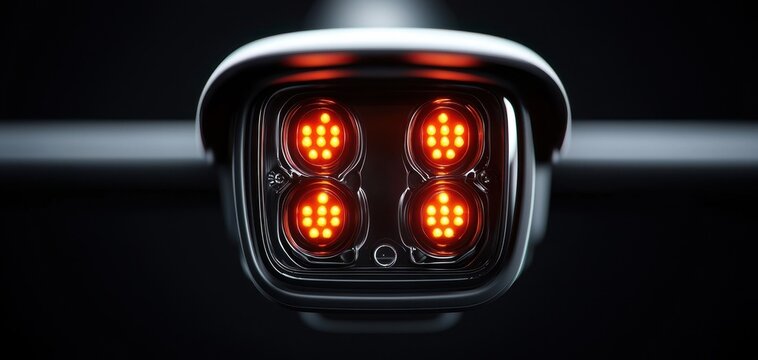 Closeup of a CCTV security camera with infrared lights glowing, providing security and high quality footage in darkness.