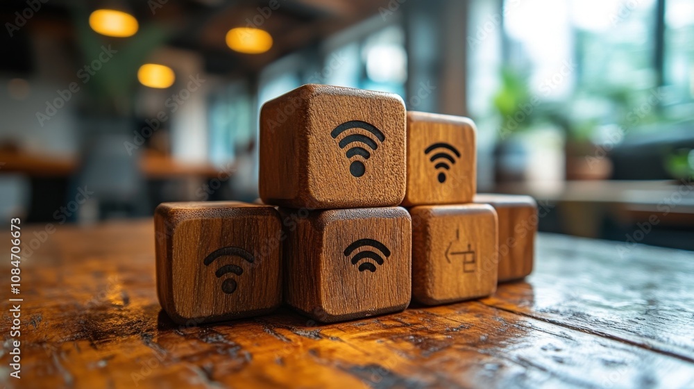 Poster wifi 7 certified hand hold wooden cube blocks with wifi 7 symbol transformation technology and upgra