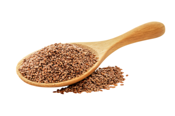 Flax seeds heap in wood spoon isolated png on a transparent background
