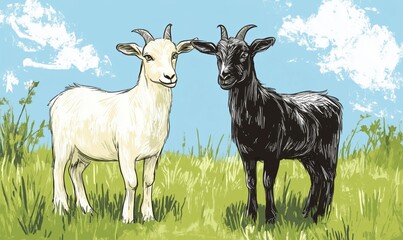 Fototapeta premium Goats standing in grassy field, one white, one black, under blue sky with clouds. Friendly farm animals, vibrant colors, pastoral scene.
