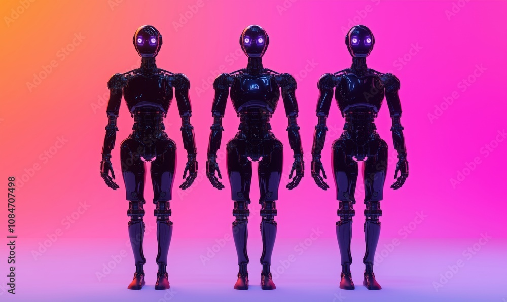 Poster robotic humanoid figures with glowing eyes, three sleek black robots standing in a gradient backgrou