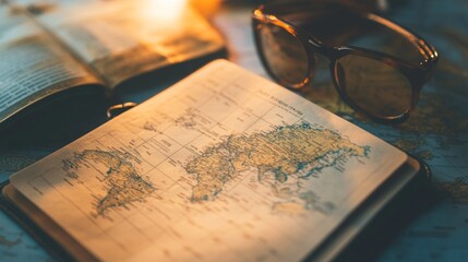 Close up of an open world map book with a pair of sunglasses on the page.