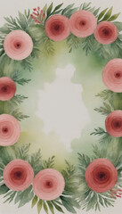 Floral wreath design with pink and red ranunculus flowers on a light green background with copy space