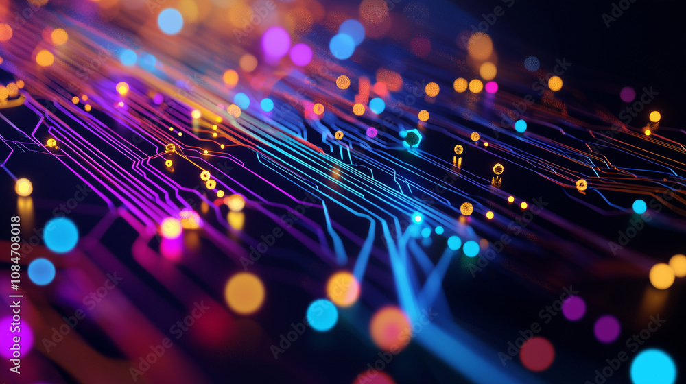Poster quantum circuit diagram with colorful entangled qubits and gates