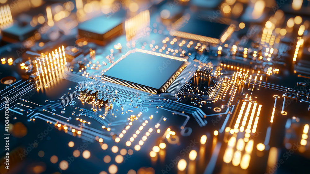 Poster close up of qubit processor chips on metallic surface