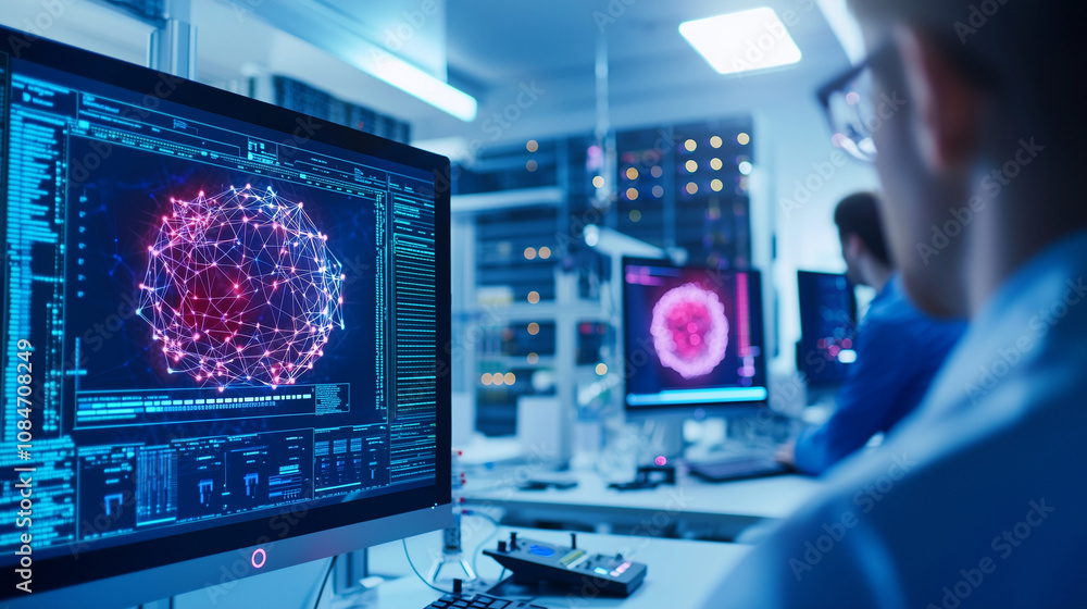Poster quantum computing lab researchers working with advanced technology