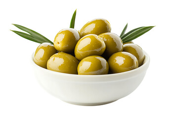 Green olives in a bowl isolated png on a transparent background