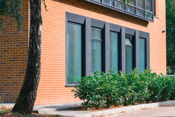 working street city scape outside vide office building loft style brick wall square windows idyllic...