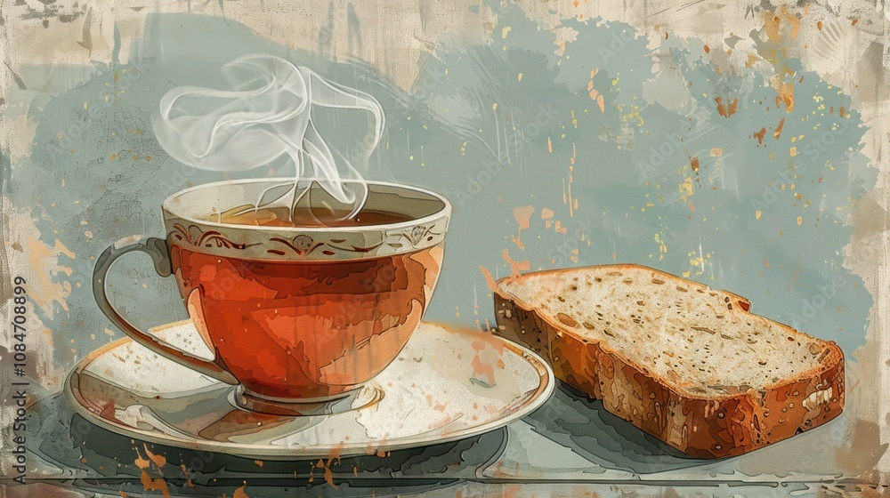 Poster steaming cup of tea with a slice of bread on a rustic surface.