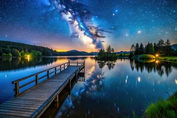 Starry Night Over a Serene Lake with Pier, Tranquil Reflections, Night Sky, Architectural Elements, Nature Photography, Scenic View, Milky Way, Calm Waters, Outdoor Escape, Peaceful Retreat