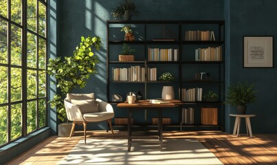 Fototapeta premium Modern Nordic Room With Table, Bookshelf, and Chair. Image
