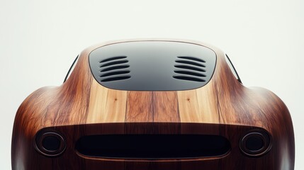 Rear view of a wooden sports car.