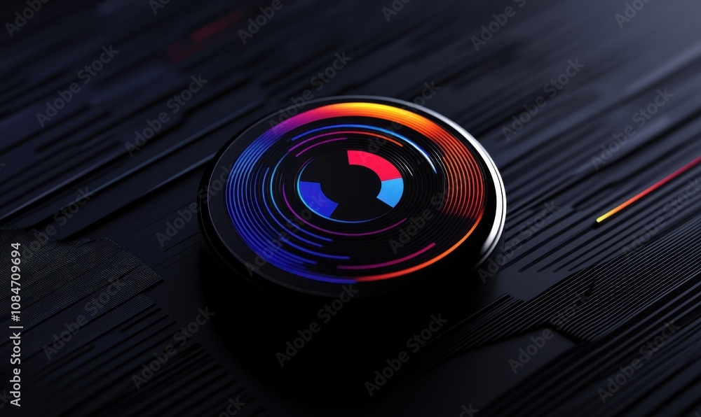 Fototapete logo showcasing a dynamic button design with streamlined lines and vibrant geometric patterns representing action and interactivity.