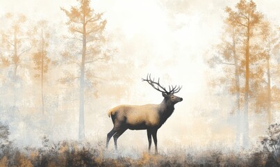 Obraz premium Majestic stag in a foggy forest at dawn. image