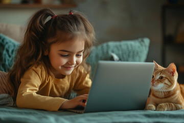 Happy little  White Latina Girl Child Using Laptop Cuddled With Her Cat Kitten Pet