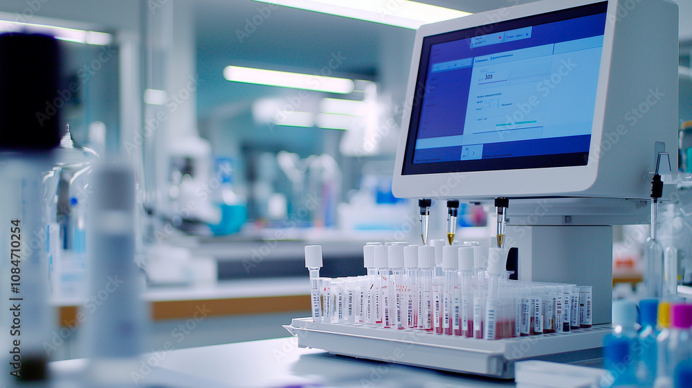 Poster genetic testing process with pcr machine and test samples