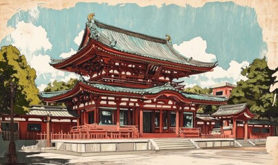 Fototapeta premium Japanese wood block print illustration of temple architecture tradition building.