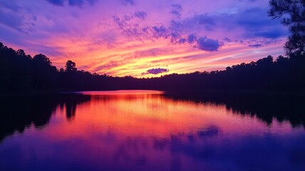 Fototapeta premium A sunset reflecting off a lake, with colors transitioning from orange to purple.
