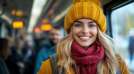 A joyful young woman on a train showcases the fun of modern travel, embodying youthful energy and exploration.