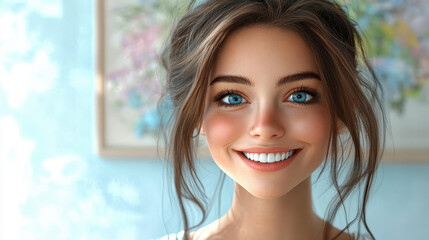 This vibrant 3D portrait captures a cheerful young woman, embodying joy and warmth through expressive cartoonstyle features.