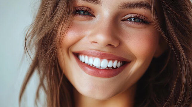 A joyful woman proudly displays her bright smile, showcasing the stunning results of her recent teeth whitening treatment.