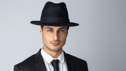 A serious man dons a hat, sporting a dark suit paired with a classic white shirt and career tie, showcasing tech elegance.