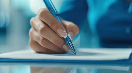A focused woman jotting down notes with a pen, capturing important ideas in a busy office environment.