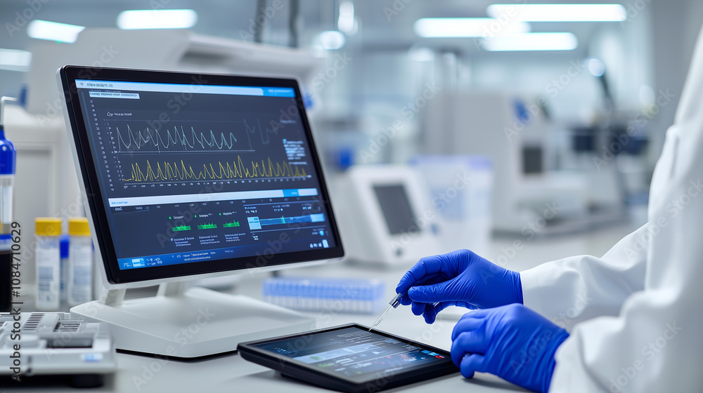 Poster digital monitor in genetic testing lab with dna sequence analysis
