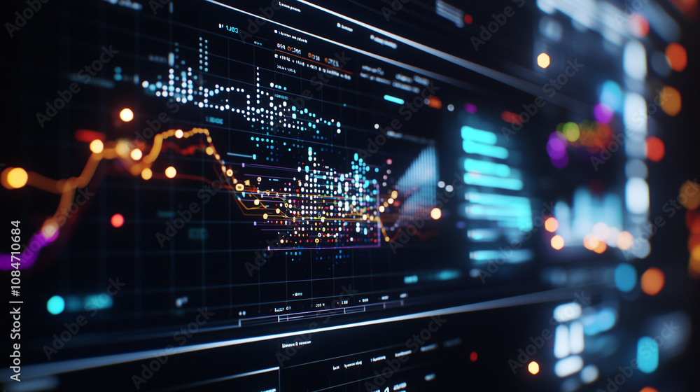 Poster 3d bar chart and line graph showing real time data fluctuations