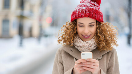 A joyful woman smiles brightly while using her phone, surrounded by a winter wonderland in the city.