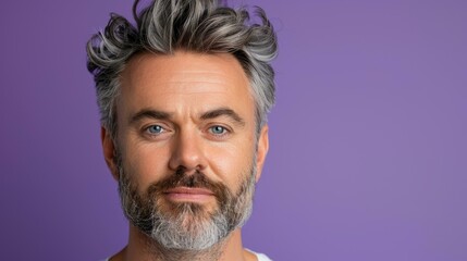Obraz premium Striking closeup of a dapper greyhaired man against a vibrant purple background, exuding charm and sophistication.