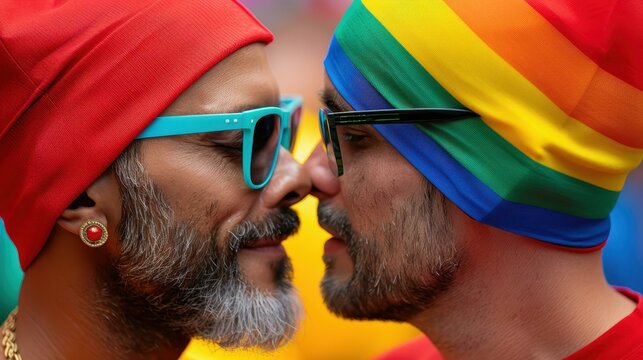 A joyful moment as a diverse samesex couple shares a kiss at a vibrant pride event, celebrating love and equality.