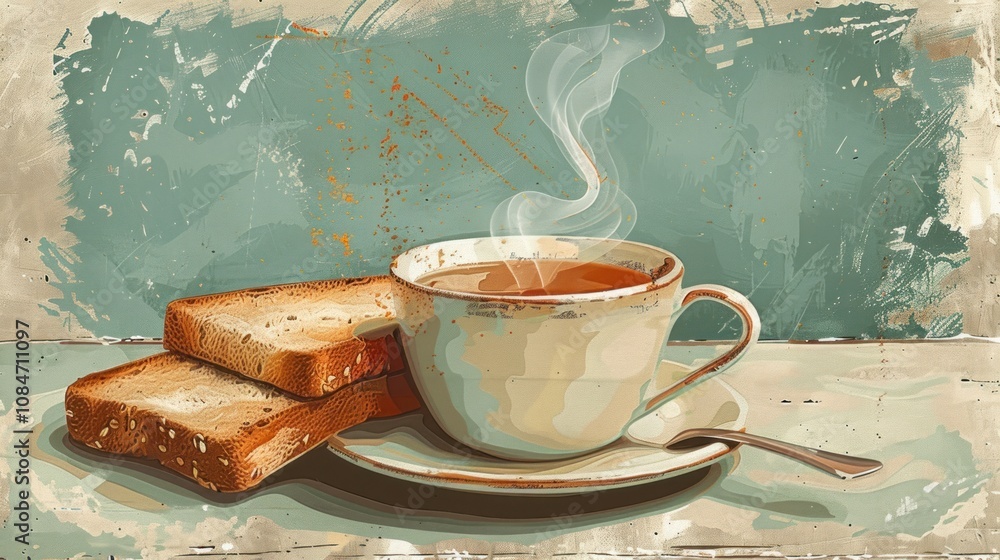 Poster here's a description following your specifications.. steam rising from a cup of tea beside two slice