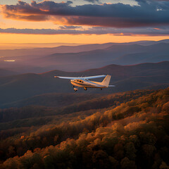 a small plane flies over a mountain range. Generative AI