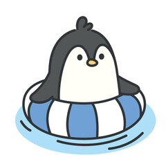 cute hand drawn penguin with a float, adorable kawaii style penguin animal in summer with float, summer day with penguin