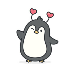 cute hand drawn penguin with hearts on his head, adorable kawaii style penguin animal in love, valentine's day with penguin