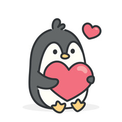 cute hand drawn penguin with a heart, adorable kawaii style penguin animal hugging a heart, valentines day with penguin