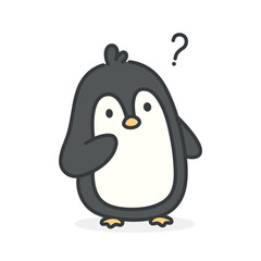 cute hand drawn penguin asking a question, adorable kawaii penguin animal with question mark, thinking about solutions