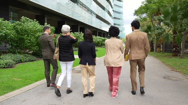 Full length video of the rear view of business people walking talking along the city