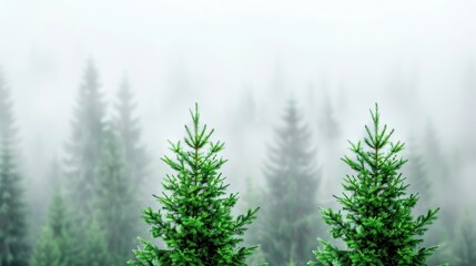 Obraz premium Wake up to the enchanting sight of spruce treetops shrouded in morning fog, where sunlight dances through natures veil.