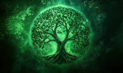 Obraz premium Tree of Life symbolizing nature, growth, harmony, intricate branches, vibrant green leaves, mystical background, ethereal glow