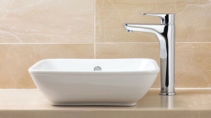 Fototapeta premium Step into a chic bathroom adorned with a sleek white sink and stylish faucet for a contemporary feel.