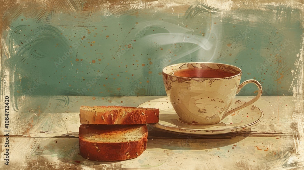 Poster a steaming cup of tea with three slices of toasted bread on a rustic wooden table with a green backg
