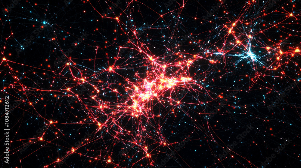 Poster neural connectivity diagram with glowing nodes and paths