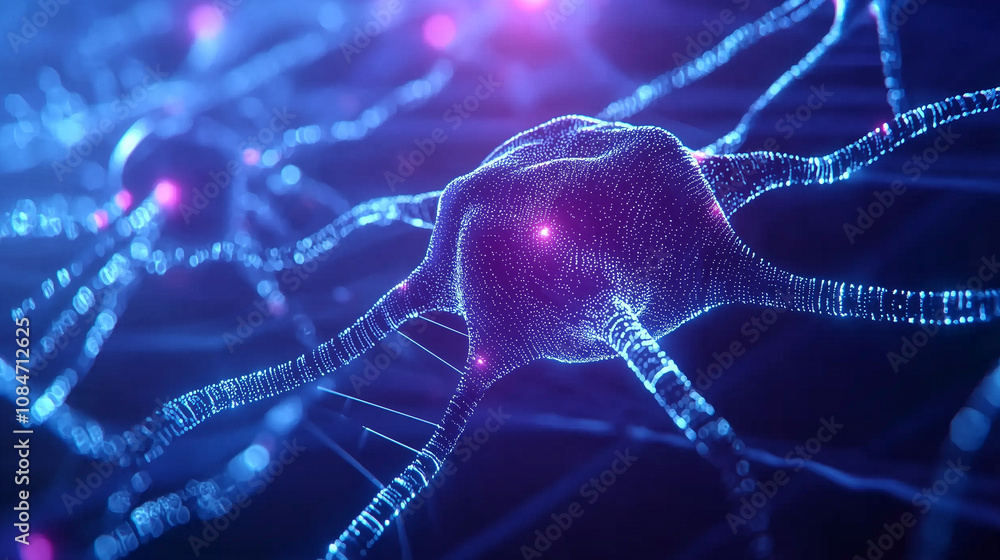 Poster neural network visualization with glowing synapses and digital patterns