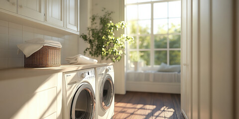 Washing machine in bright laundry room with natural light and potted plants for a fresh feel